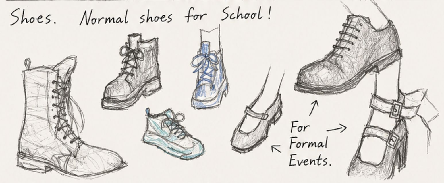 Hand-drawn sketches of acceptable footwear — boots, sneakers, and dress shoes