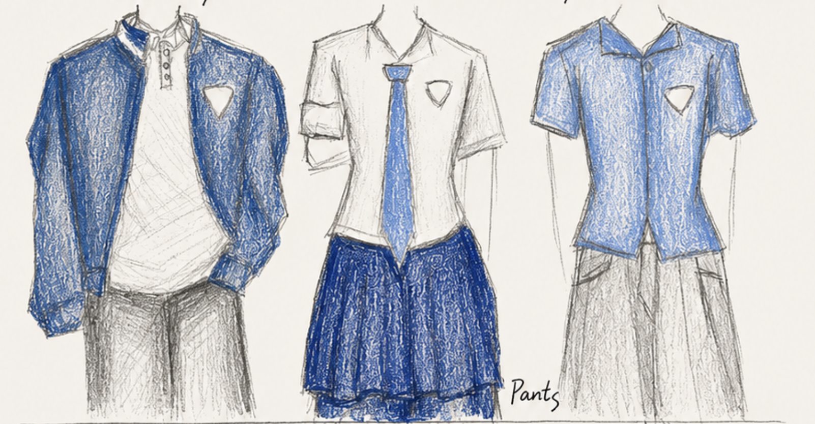 Hand-drawn sketches of uniform bottoms — chinos, pleated skirt, and shorts